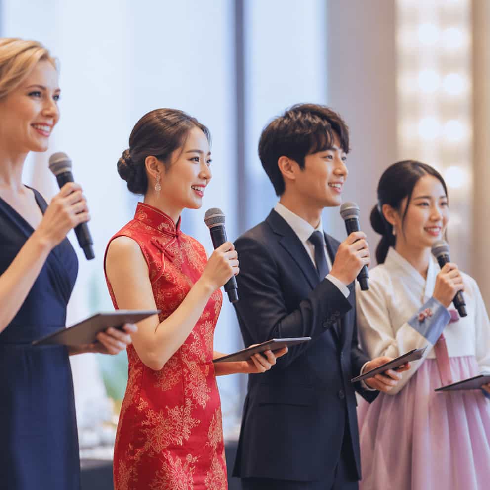 英語だけでなく中国語・韓国語など多言語の司会者もキャスティング