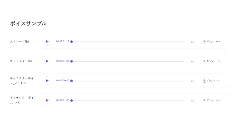 ナレーターページにはサンプルボイスが充実